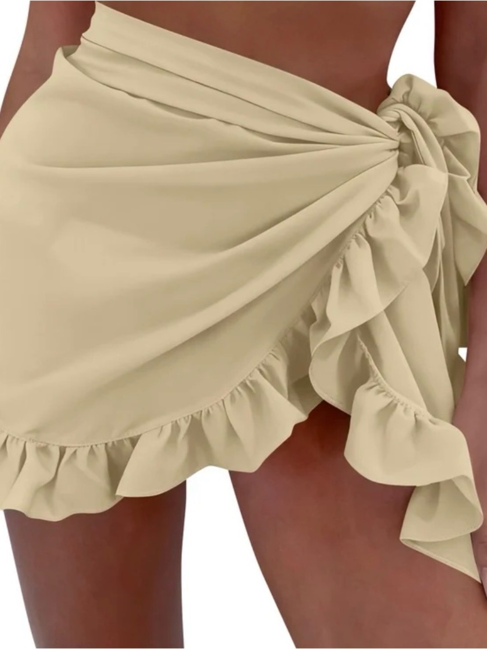 Long Beige Ruffled Tie-Side Sarong Skirt